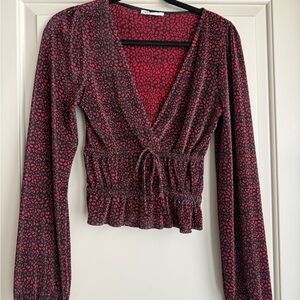 Zara Floral V-Neck Long Sleeve Top - Red/Black